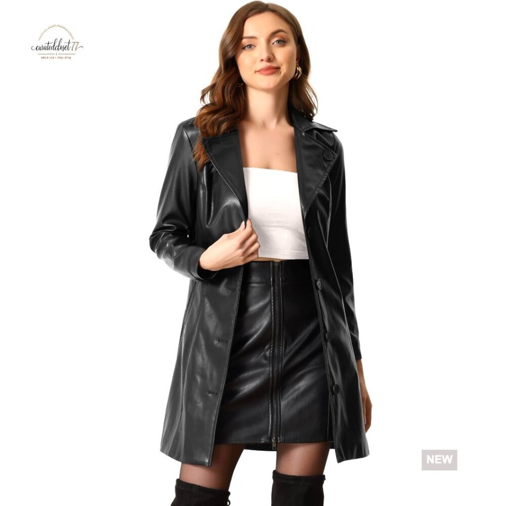 Faux Leather Trench Coat Notched Lapel Chic Classic Elegant Fall Winter
